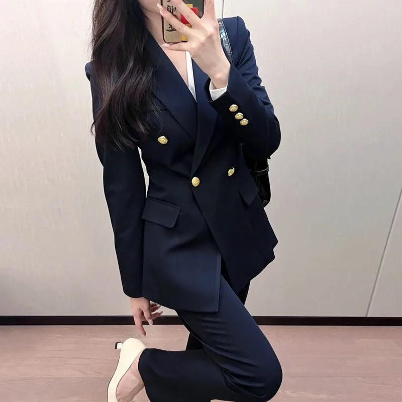 Elegant Business Office 2 PCS Set Female Slim Blazer Outfits Sets 2026 Women's Lapel Button Coat Jacket + Pencil Pants Suit Sets