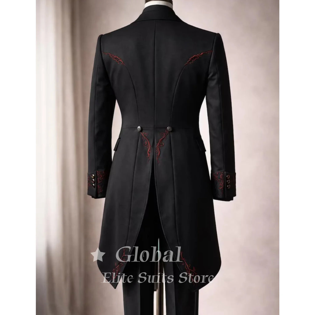 Black Tailcoat Tuxedo 3-Piece Suit with Red Embroidery Gothic Victorian Style Formal Wedding Prom Party Groom Outfit Customized