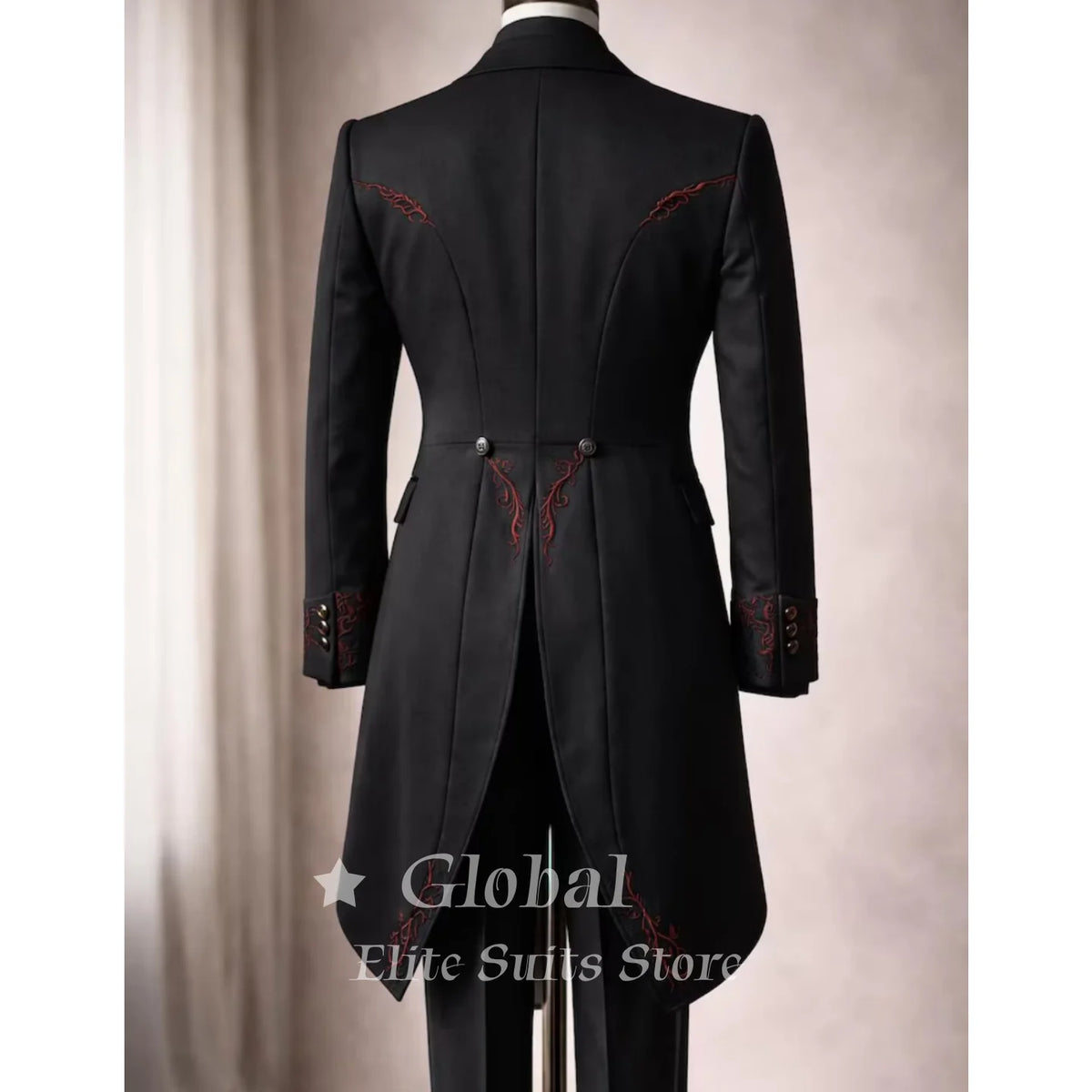 Black Tailcoat Tuxedo 3-Piece Suit with Red Embroidery Gothic Victorian Style Formal Wedding Prom Party Groom Outfit Customized