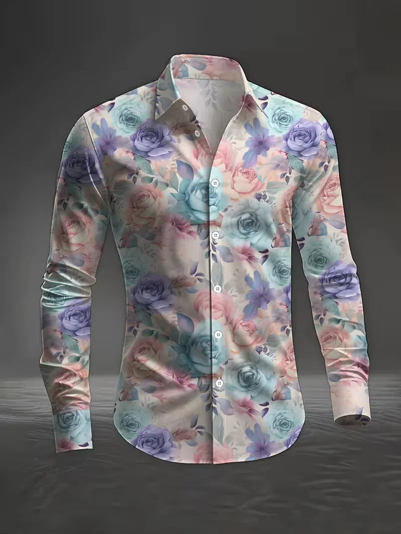 New Men's White Rose Pattern 3D Printed Shirt, High-Quality Casual and Fashionable Long Sleeved Shirt, Lapel Top