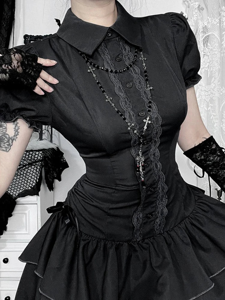 AltGoth Gothic Dark Vintage Dress Women Aesthetic Streetwear Harajuku Grunge Lace Patchwork High Waist Bow Party Dress Female