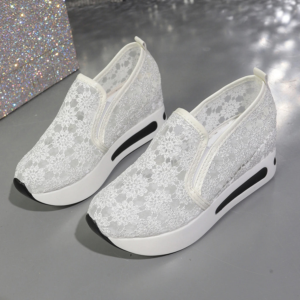 New Women Sneakers Fashion Embroidered Platform Sneakers Women Breathable Mesh Sports Shoes Woman Thick Sole Slip on Shoes