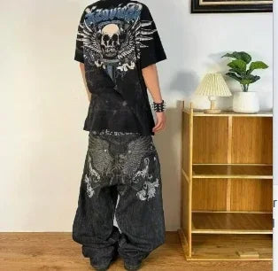 2025 American jeans men's letter embroidered straight leg wide leg pants hip-hop retro clown casual couple jeans street fashion