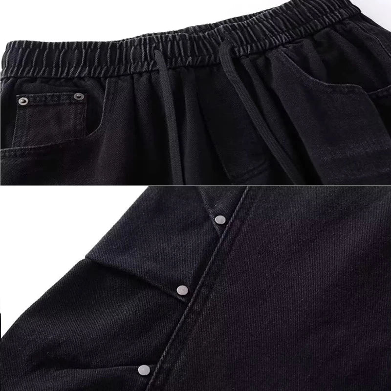 Men Fashion Retro Smoke Grey Elastic Waist Jeans Classic American Style Straight Leg Loose Male Denim Pants Wide Leg Trousers