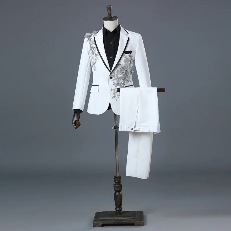 Men’s Black Suit with Silver Floral Embroidery | 2-Piece