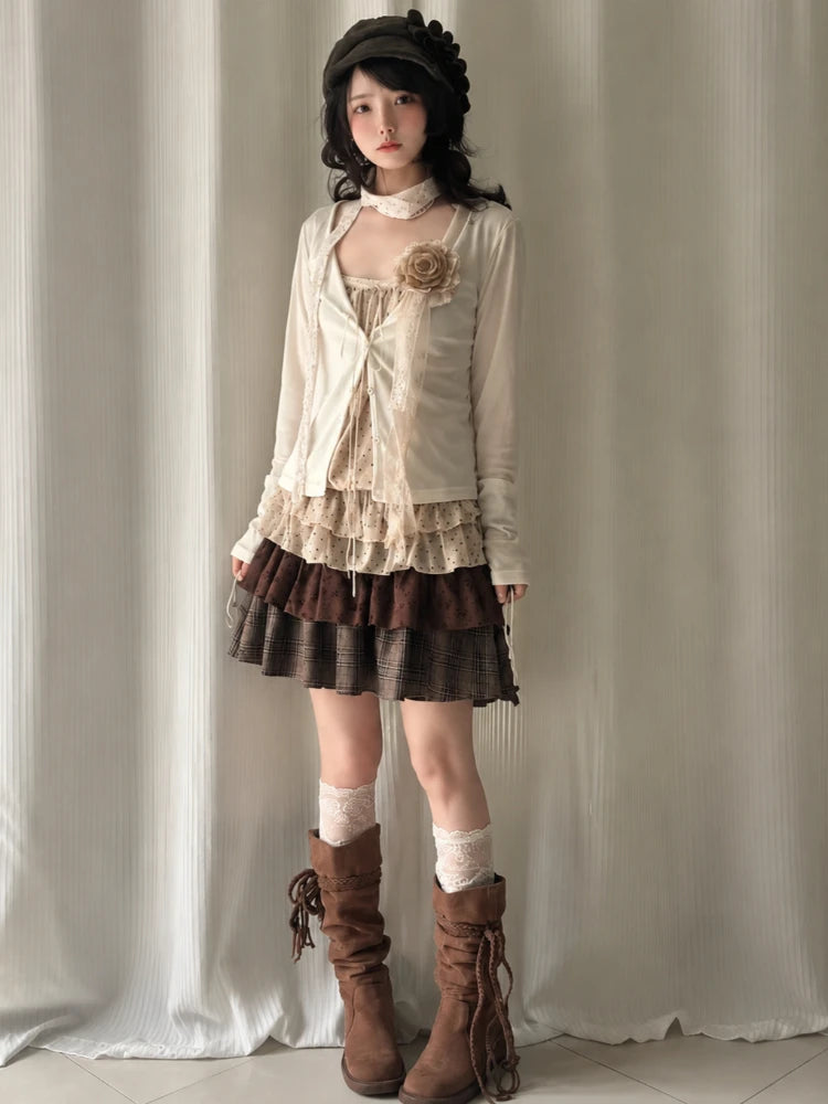 Y2K Japanese Daily Casual 3 Piece Matching Suit Women French Vintage Retro Crop Top Mini Skirt Autumn American Street Outfit