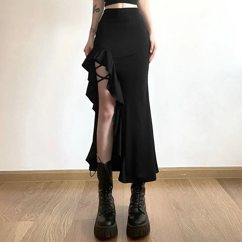 Gothic Black High Waist Bodycon Mid Skirt E-Girl Punk Ruffles Split A-Line Skirts Y2K Fashion Women Streetwear Bottoms