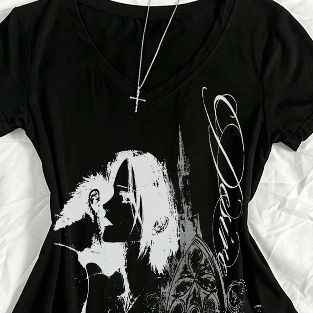 Japanese Y2k Kitty Women's V-neck 2000s Top Emo Women's T-shirt Gothic Pattern T-shirt Y2k Women's Top