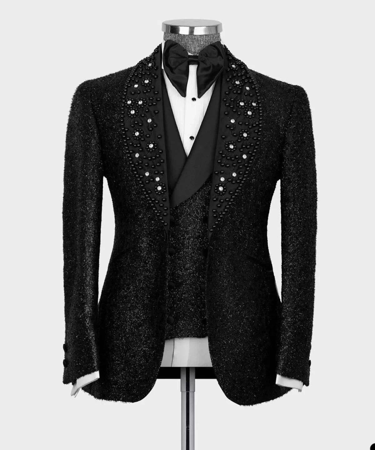 Shiny Black Men Suits 3 Pieces Business Blazer Vest Pants Beads Wedding Groom Prom Wear Party Formal Customized