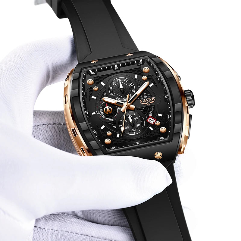 LIGE Man Watch Fashion Luxury Waterproof Silicone Strap Quartz Men's Watches Luminous Sports Auto Date Chronograph Simple Clocks