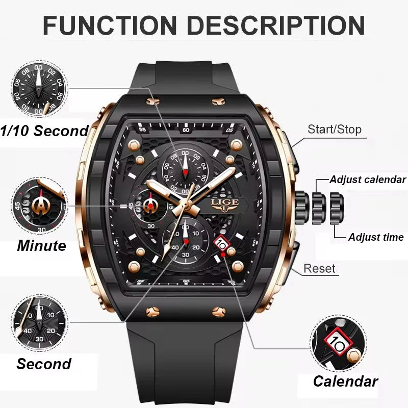 LIGE Man Watch Fashion Luxury Waterproof Silicone Strap Quartz Men's Watches Luminous Sports Auto Date Chronograph Simple Clocks