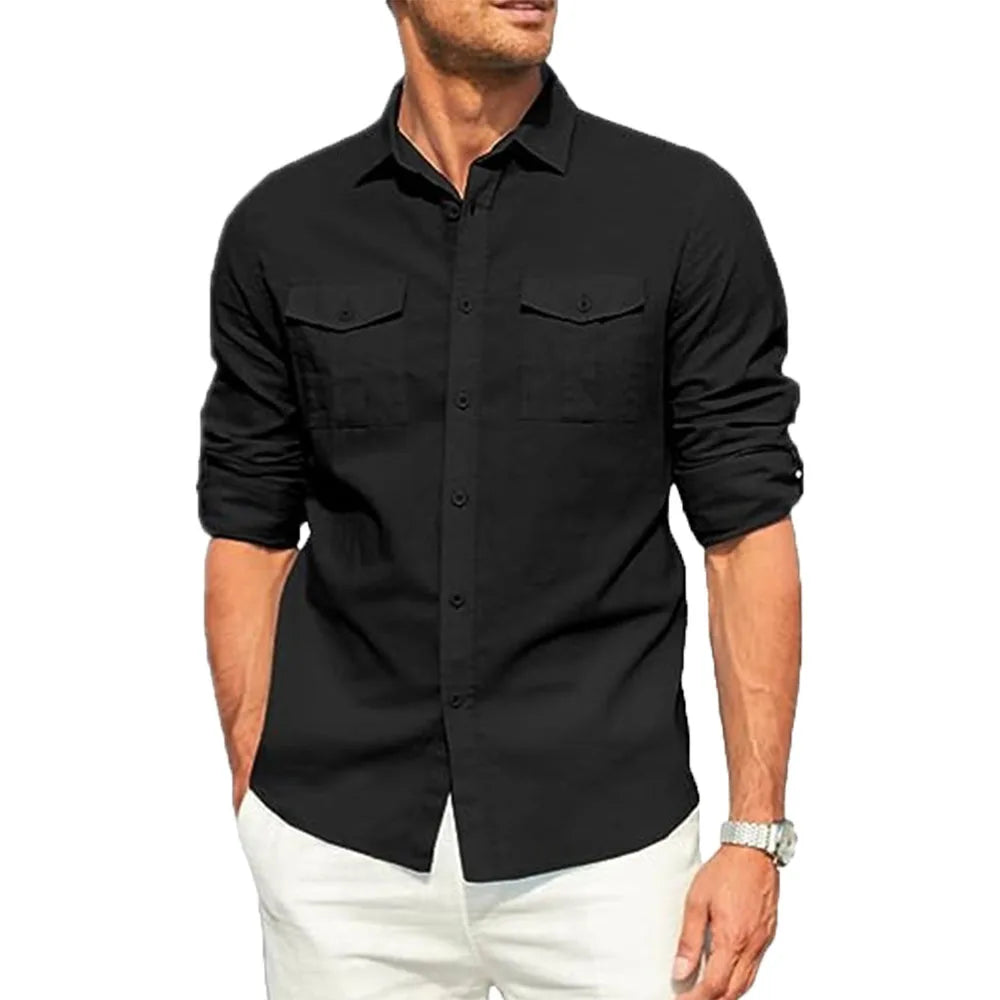 Men's Shirt Double Pocket Cotton Linen Long Sleeve Shirt Casual Holiday Shirt Simple Lapel Solid Cargo Shirts Tops Blouses