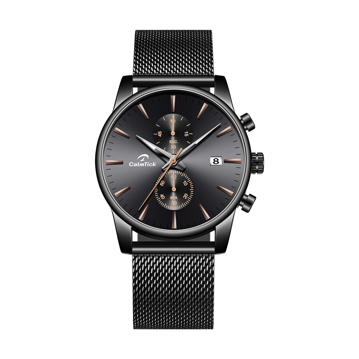 CalmTick Fashion Business Pointer Quartz Watch with Stopwatch Luminous Waterproof Metal Strap