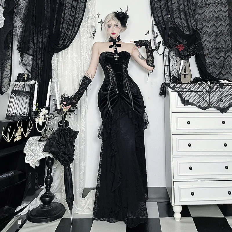 Goth Dark Lace Trim Velvet Maxi Skirts Bottoms Mall Goth Party Halloween Gown Ball Skirts Women Cosplay Lolita Dresses Outfits