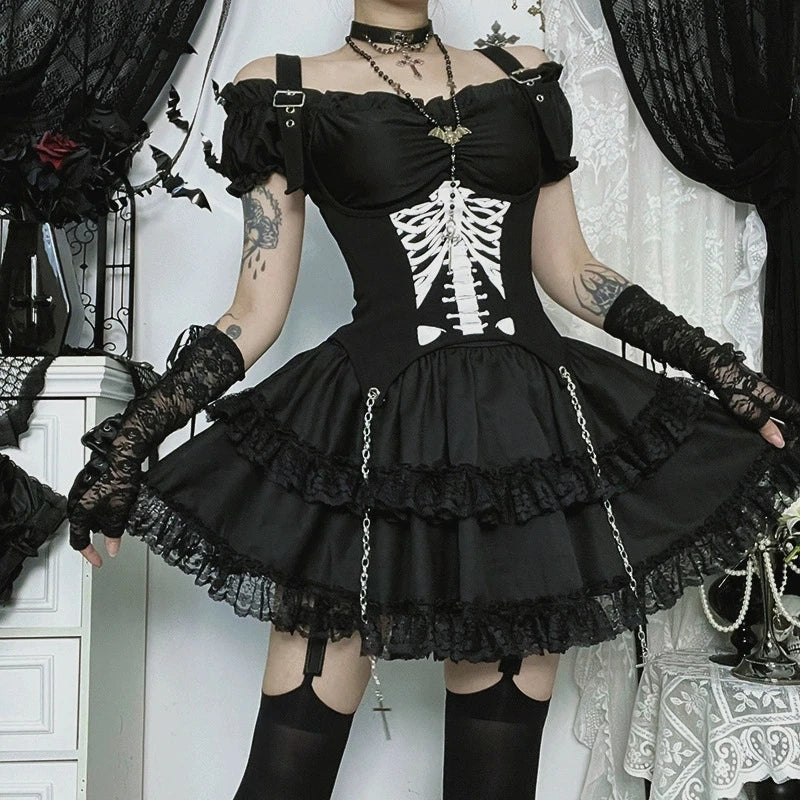 Goth Dark E-girl Kawaii Lace Stitch Pleated Dresses Party Mall Gothic Streetwear Cyber Y2K Plaid Corn Straps Backless Mini Dress