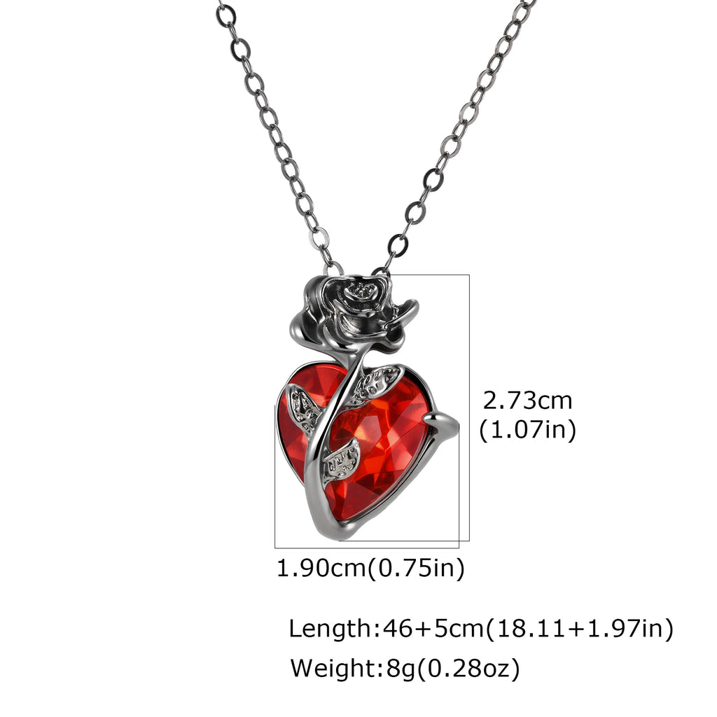 Gothic Rose Heart Necklace for Women, Red Rhinestone Pendant, Halloween Party Jewelry