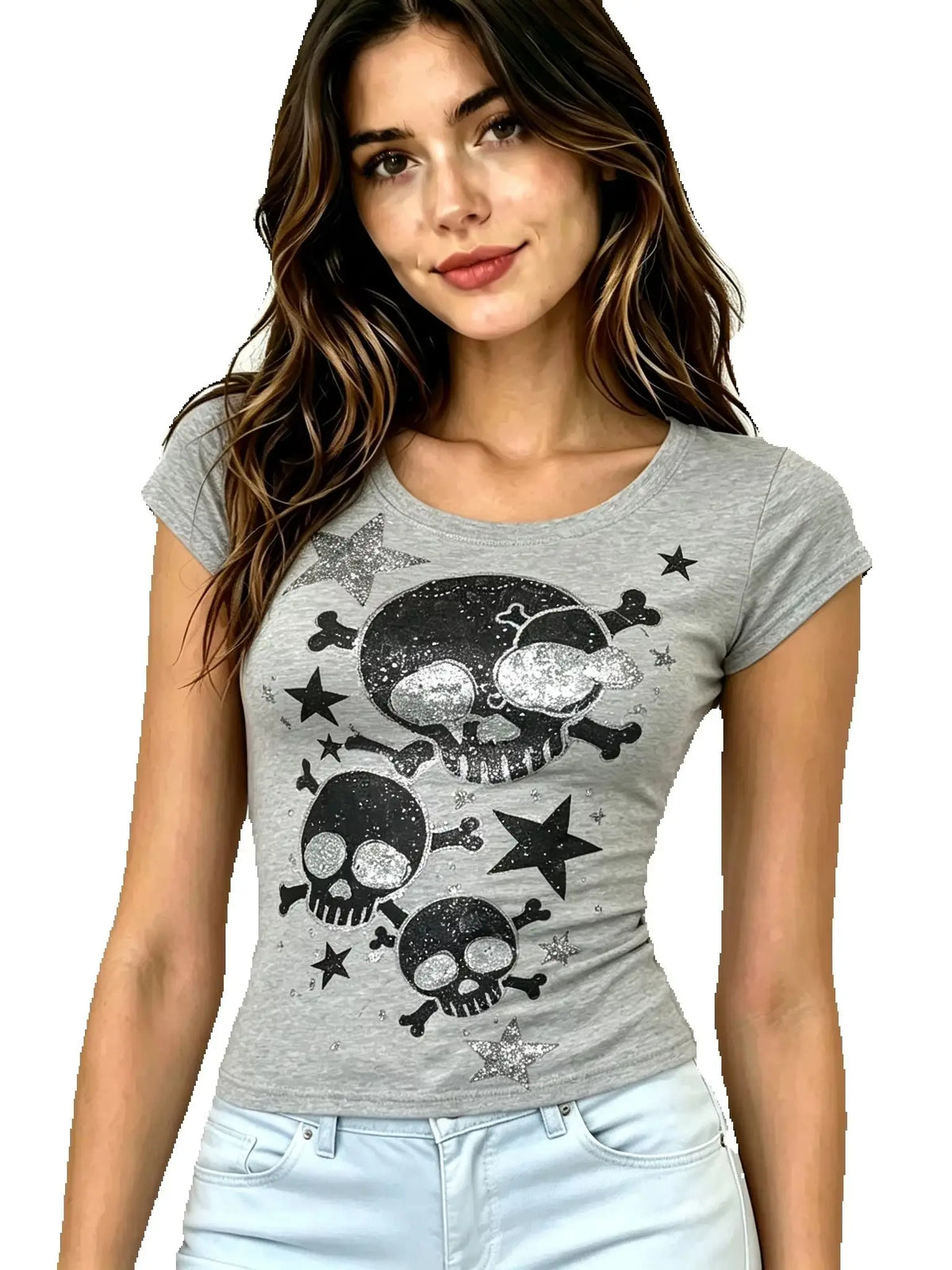 Japanese Y2k Women's Tees 2000s Hottie Clothes Tops Star Skull Graphic Print T Shirts Goth Emo Punk Aesthetics Chic T-shirt