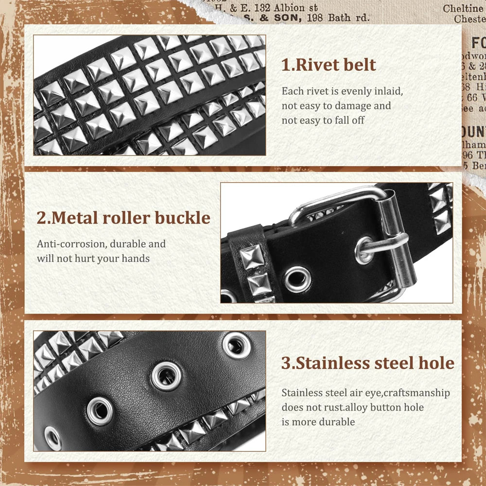 Fashion Square Bead Rivet Belt Metal Pyramid Belt Punk Rock Style Jeans Belts Y2K Waist Belt  for Men and Women