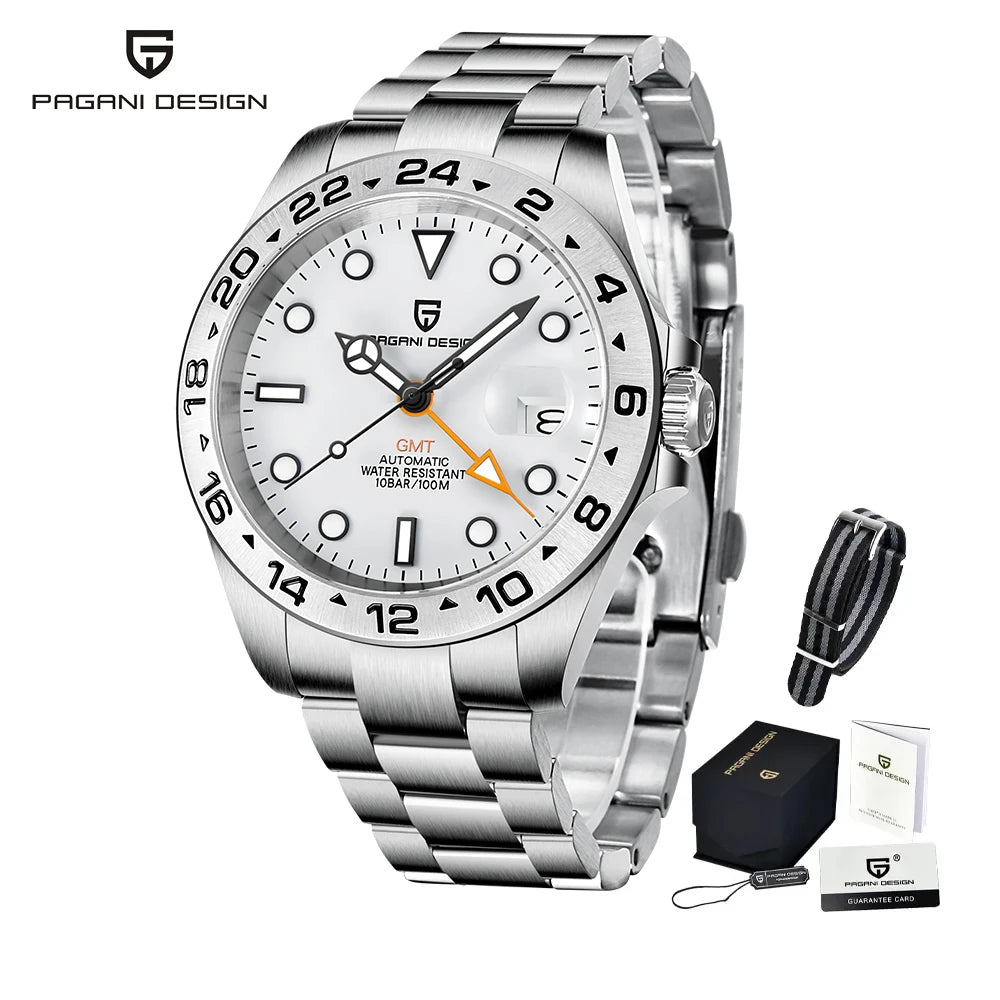 PAGANI DESIGN Automatic GMT Watch DG5833GMT Movement Rubber Strap 100M Waterproof Luminous Men Sports Mechanical Wristwatch