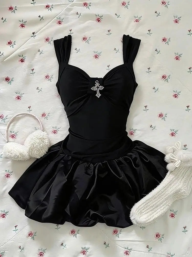 Gothic Hot Girl Cross Black Skinny Short Dress Women Summer New Sexy Slip Vintage Dark Academia Slim Flower Bud Dresses New