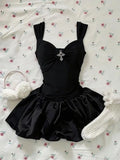 Gothic Hot Girl Cross Black Skinny Short Dress Women Summer New Sexy Slip Vintage Dark Academia Slim Flower Bud Dresses New