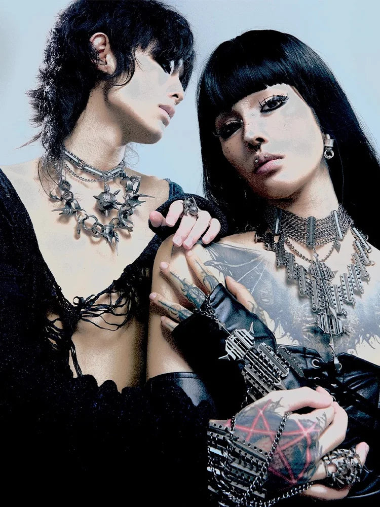 Gothic Cross Chain Jewelry Set for Women Men, Punk Statement Necklaces Rings Accessories, Edgy Party Jewelry Collection