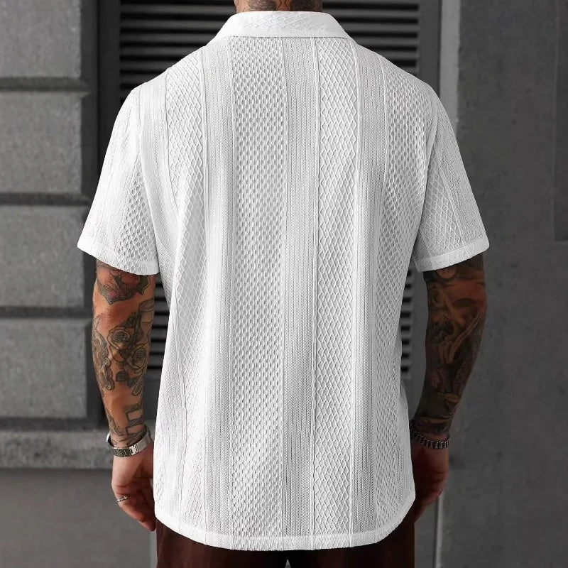 Men's White Hollow Knit Short Sleeve Shirt Summer Breathable French Loose Fit Casual Streetwear Top Lightweight