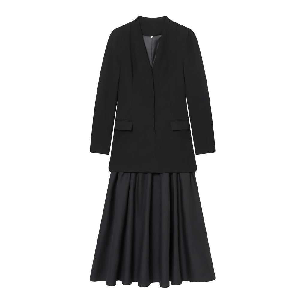 BSAY black Suit Dress Women's clothing Autumn Winter New hem Pleat Spliced Long Sleeves V-neck France Female Evening Dresses