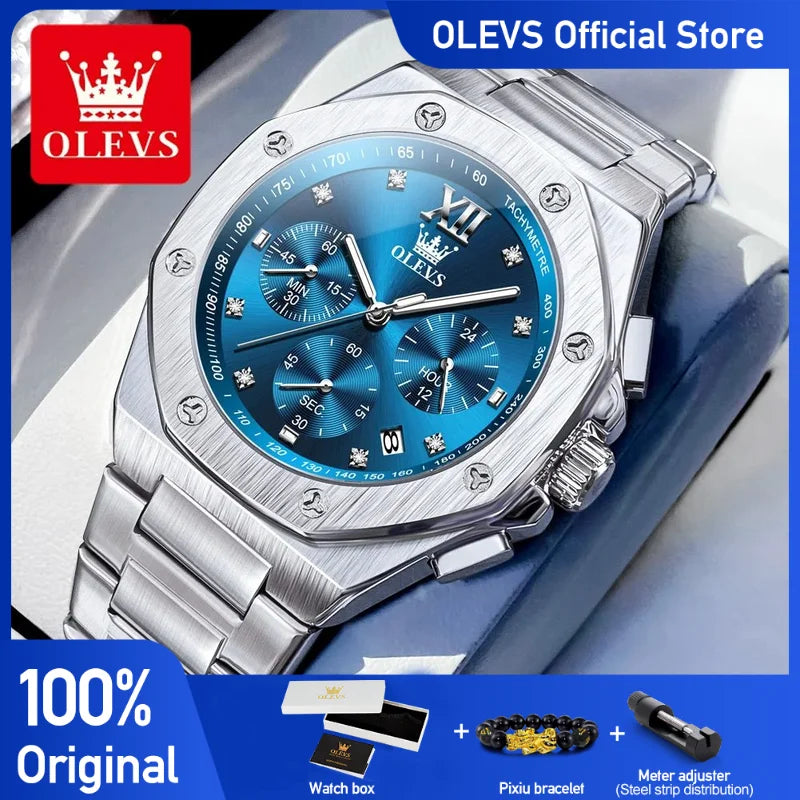 OLEVS 3626 Watches For Men Original Wristwatch Stainless Steel Multifunctional Chronograph Waterproof Luminous Quartz Reloj