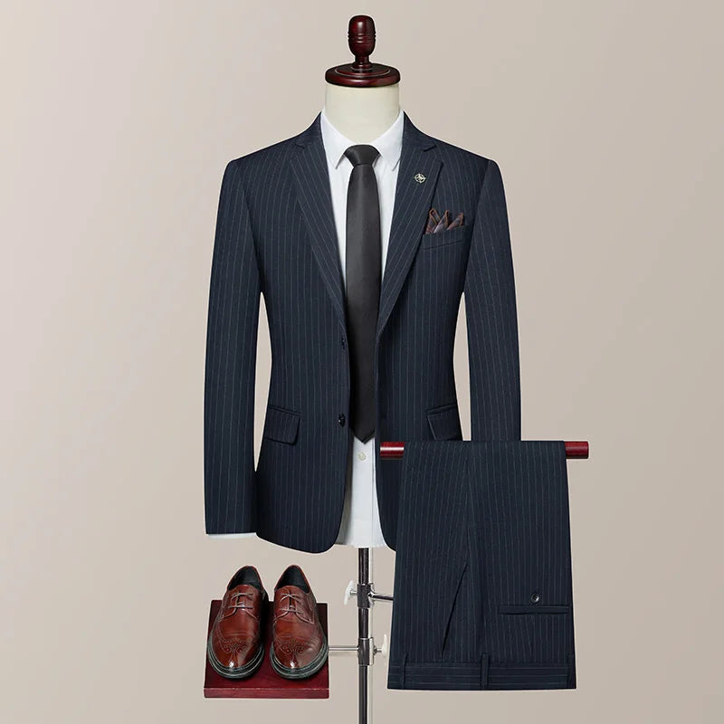 2026 New Men's Striped Suit (Suit + Trousers) Stylish and Handsome British Style Wedding Handsome Two-Piece Set