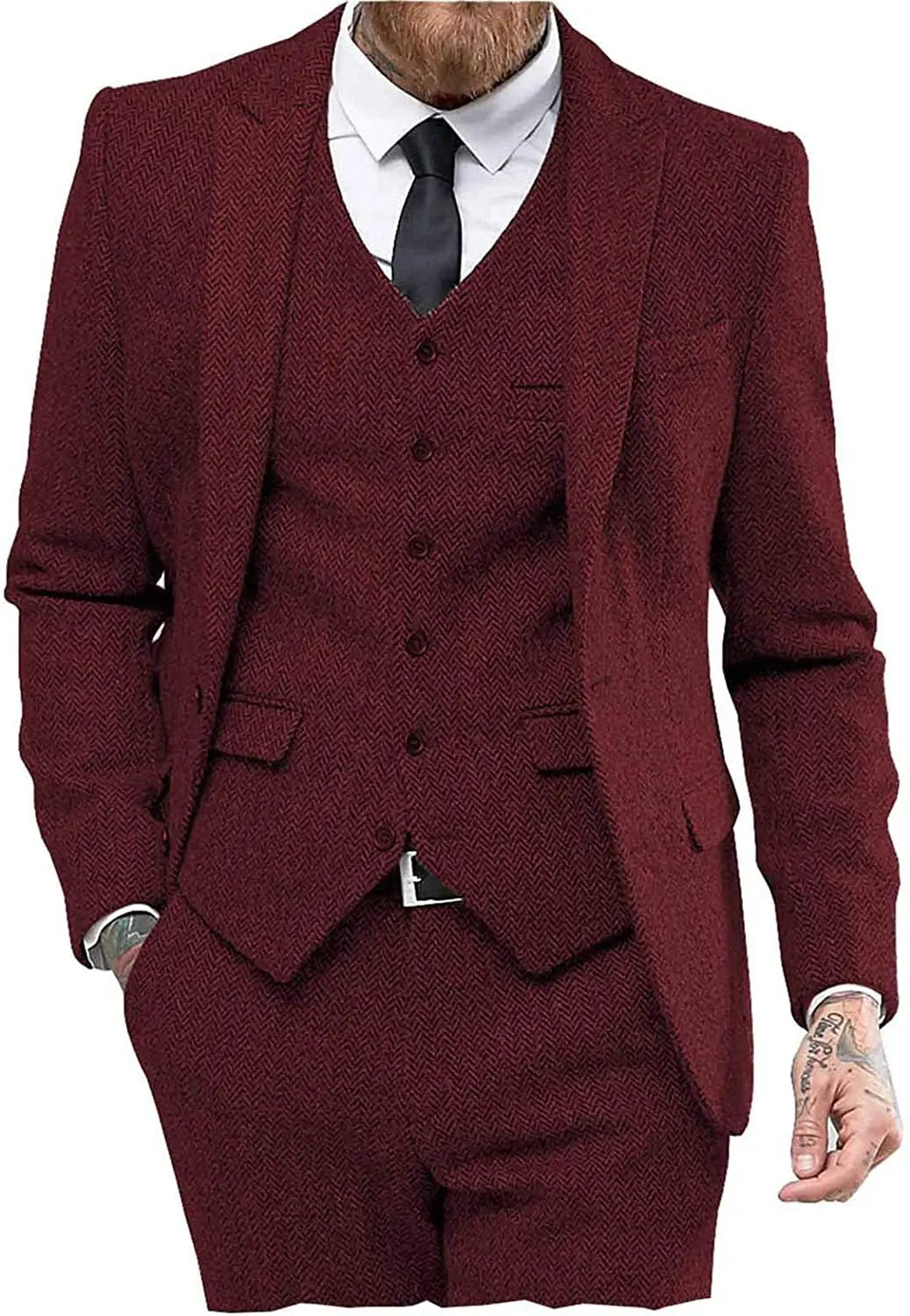 Retro Herringbone Suit for Men Stylish Vintage Tuxedo Set 3 Pieces Blazer Vest and Pant Set for Wedding Business Evening Party
