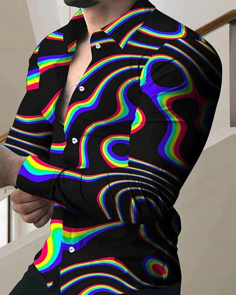 Fashion Multi-color novelty pattern 3D Print Mens Long Sleeve Shirt Tops Autumn Button Down Casual Shirt Lapel Mens Clothing