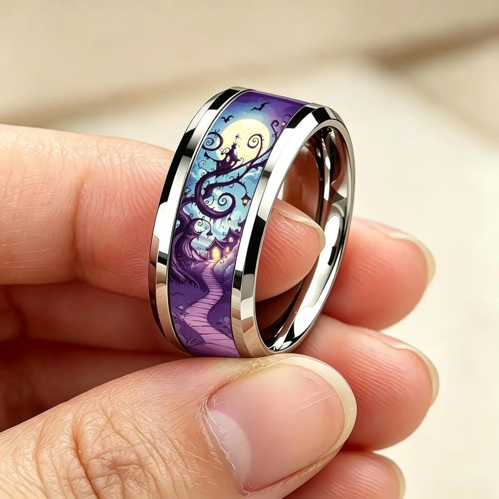 Vintage Gothic Halloween Castle Moon Bat Ring Hiphop Stainless Steel Rings For Men Wedding Party Jewelry Valentine's Day Gift