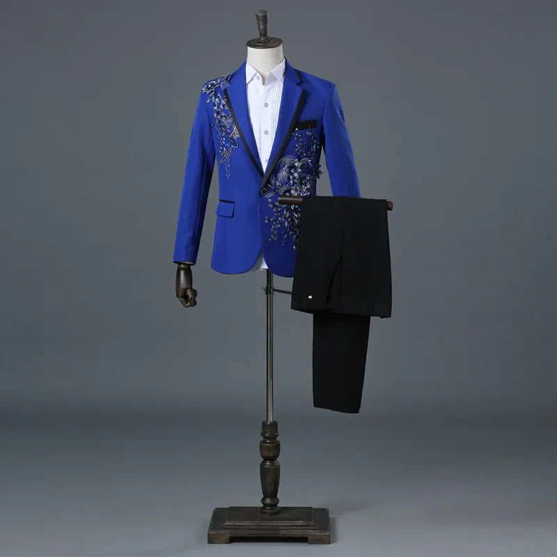 Men’s Black Suit with Silver Floral Embroidery | 2-Piece