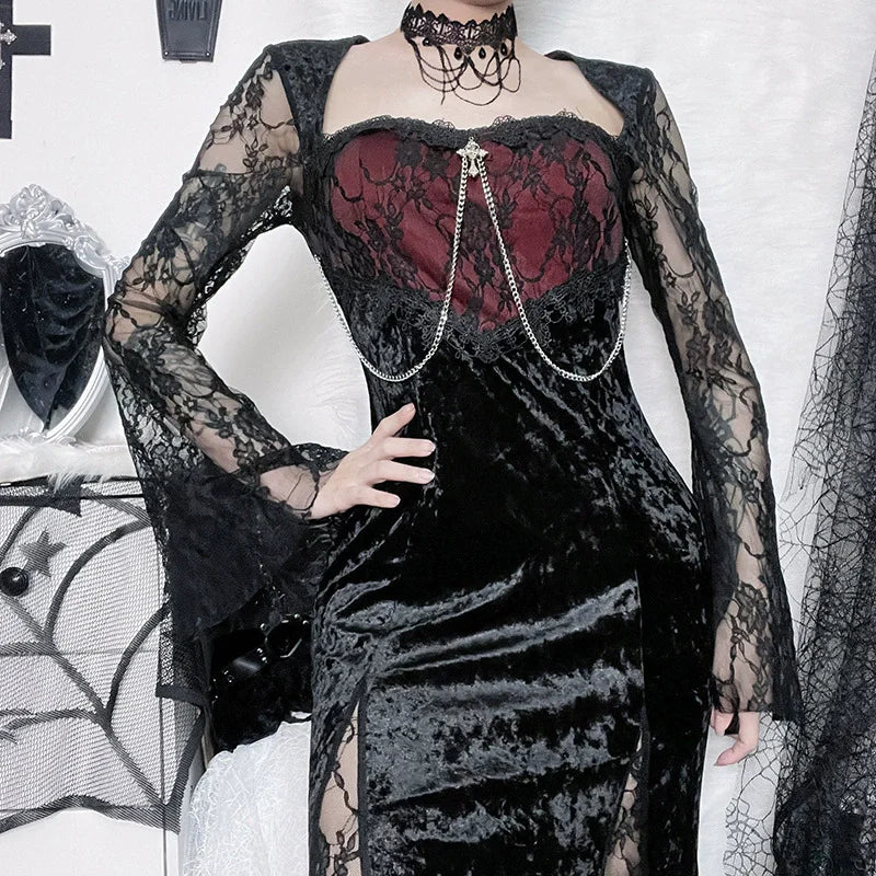 Goth Dark Elegant Mall Gothic Women Evening Dresses Grunge Aesthetic E-girl Velvet Midi Dress Lace Splice Sexy Split Alt Outfits