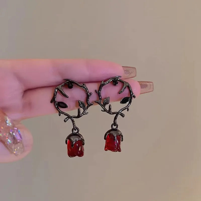 Gothic Red Rose & Thorn Drop Earrings