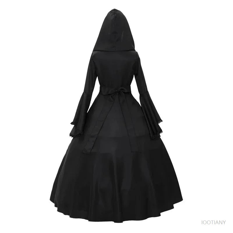 Gothic Medieval Dress Retro Fashion Big Swing Long Sleeve Tie Waist Hooded Dress Lace Trumpet Sleeve Dress Halloween Costume