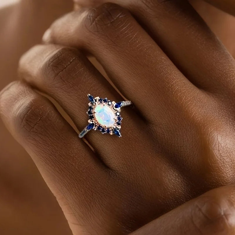 Luxury Oval Fire Opal Ring with Blue Zircon Silver Color Vintage Engagement Wedding Promise Ring for Women Fine Jewelry Gift