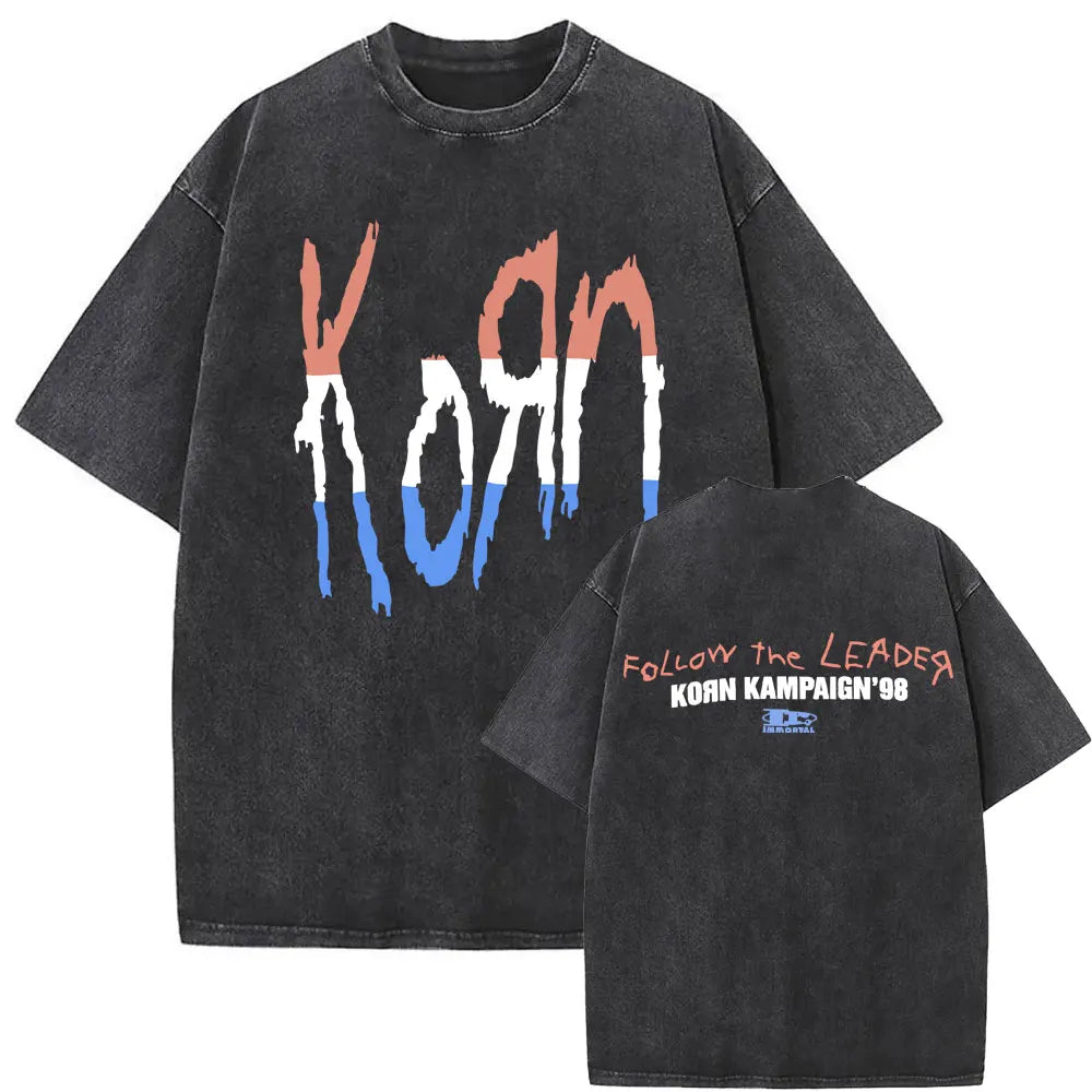 New Washed Vintage Alternative Nu Metal Rock Band Korn Print Tshirt Men Oversized T-shirts Male Fashion T Shirts Y2k Streetwear