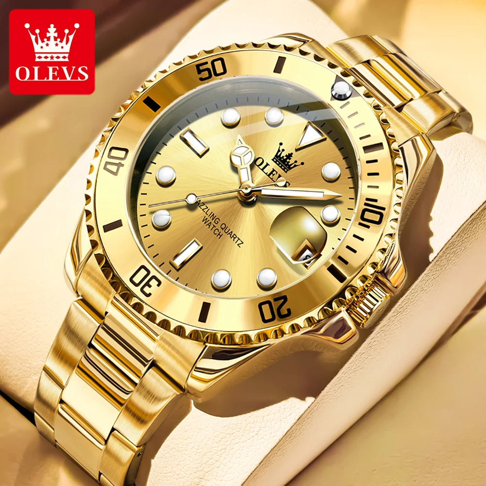 OLEVS Men's Watches Classic Luxury Fine Steel Strap Big Date Original Quartz Wristwatch for Man Waterproof Luminous Trend Dress