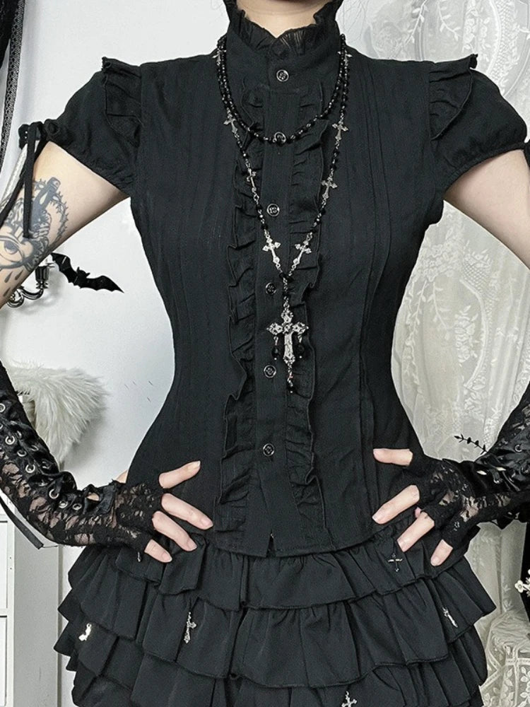 2025 New Vintage Gothic Shirt Women Aesthetic Fairycore Y2K Grunge Dark Edible Tree Fungus Patchwork Short Sleeve Blouse Female