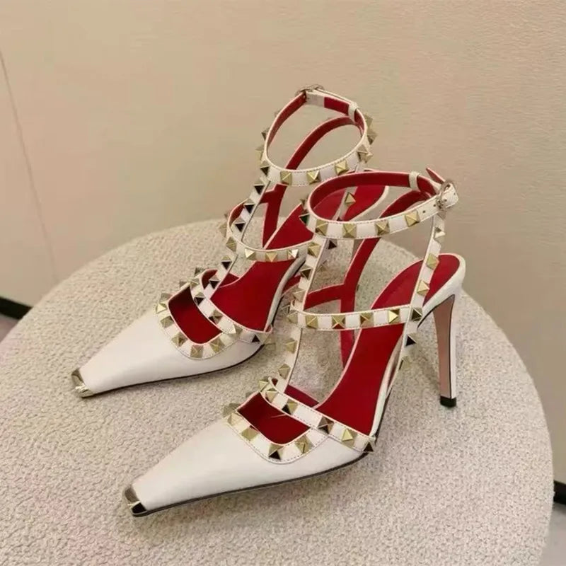 Summer Fashion Square toe Rivet Women Pumps Sexy Narrow Band Mary Janes Slingbacks High heels Chic Party Dress Sandals Shoes