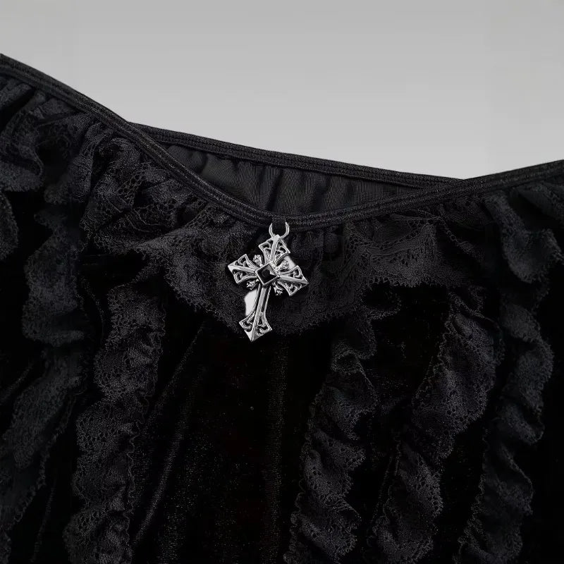 Gothic Vintage Black Lace Off Shoulder Crop Tops Women French Elegant Metal Decor Mesh Slim Blouse Punk Y2K Ruffle Shirt New