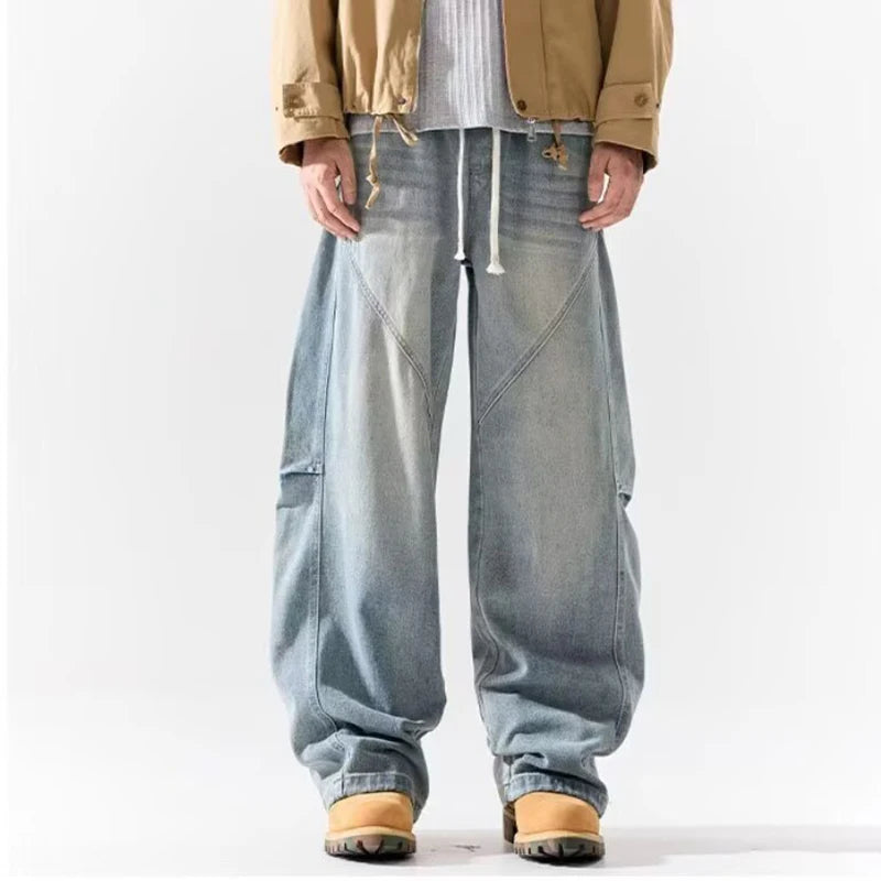 Men Fashion Retro Smoke Grey Elastic Waist Jeans Classic American Style Straight Leg Loose Male Denim Pants Wide Leg Trousers