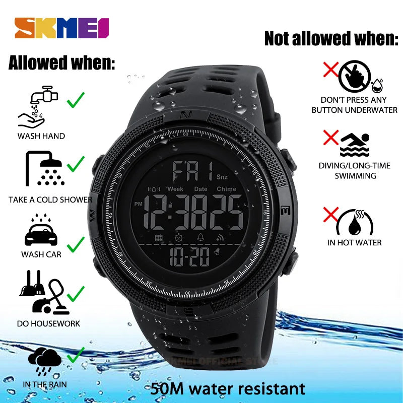 SKMEI 1251 Sports Digital Watch for Men Waterproof Electronic Countdown Mens Wristwatches Military Clock 1560 Reloj Hombre 1068