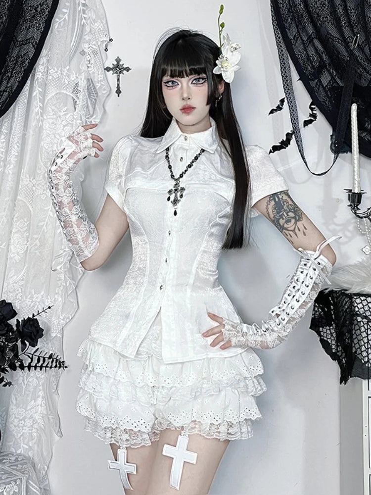 AltGoth Fairycore Grunge Gothic Shirt Women Aesthetic Vintage Cosplay Lace Patchwork Short Sleeve Blouse Kawaii Lolita Clothes