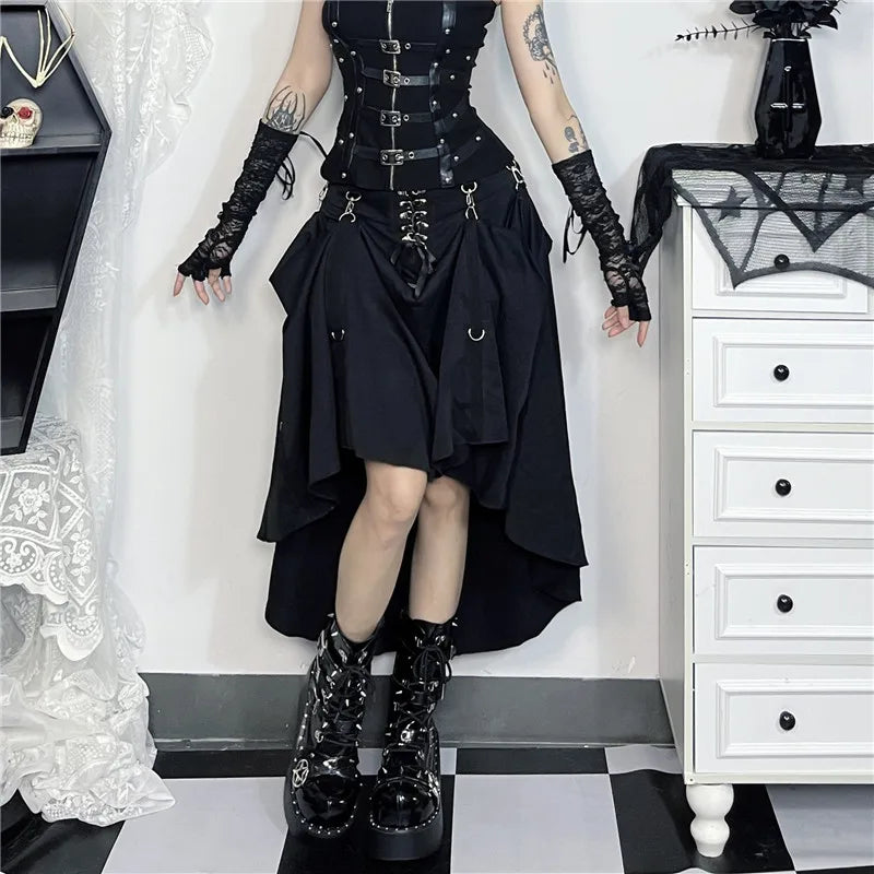 Goth Dark Acubi Fashion Black Swing A-line Skirt Punk Grunge Metal Buckle Streetwear Women Bandage Skirts Mall Gothic Alt Cloth