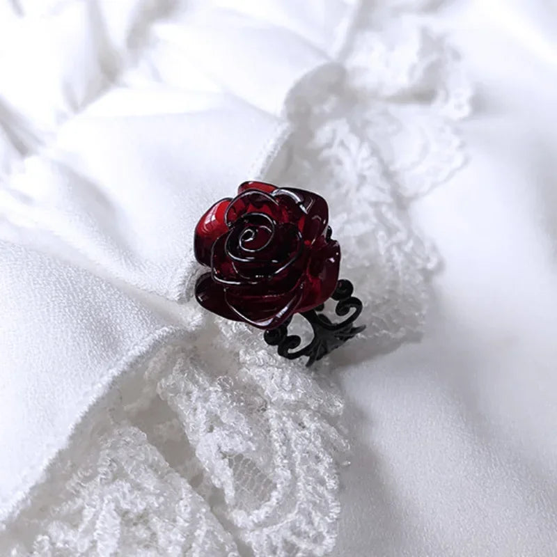 Gothic Red Rose Adjustable Hollow Rings for Women Witch Pagan Vintage Creative Halloween Cool Girl Gift Jewelry