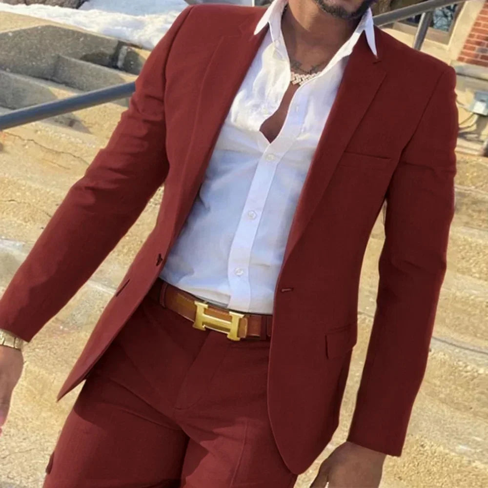 2 Pieces Vintage Notch Lapel Slim Fit Blazer And Pants Set Solid Color Formal Business Regular Suit High-Quality Jackets