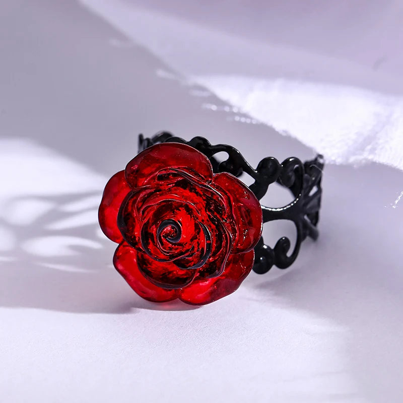 Gothic Red Rose Adjustable Hollow Rings for Women Witch Pagan Vintage Creative Halloween Cool Girl Gift Jewelry